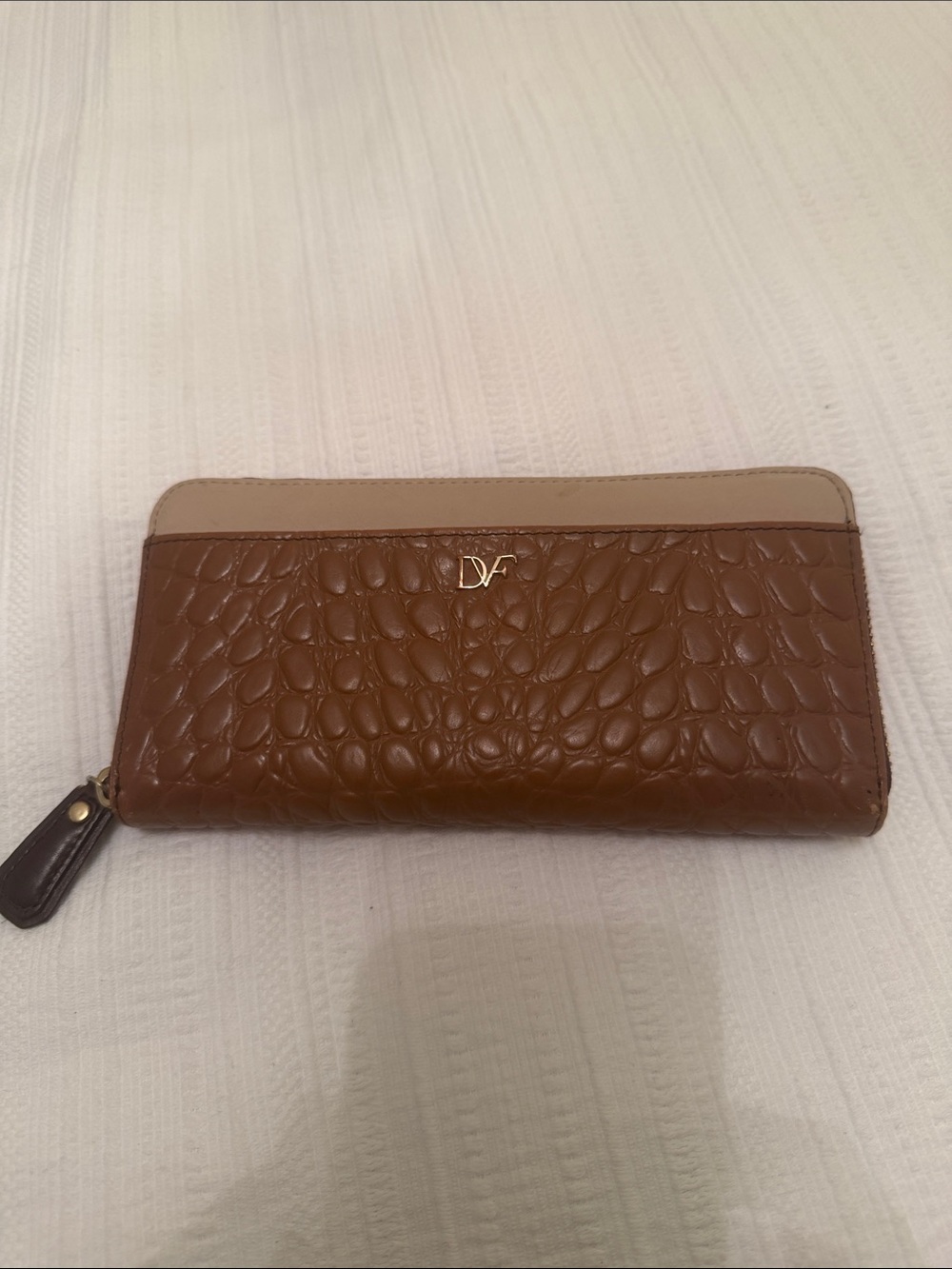Diane Von Furstenberg Brown Croc-Embossed Wallet with Beige Trim